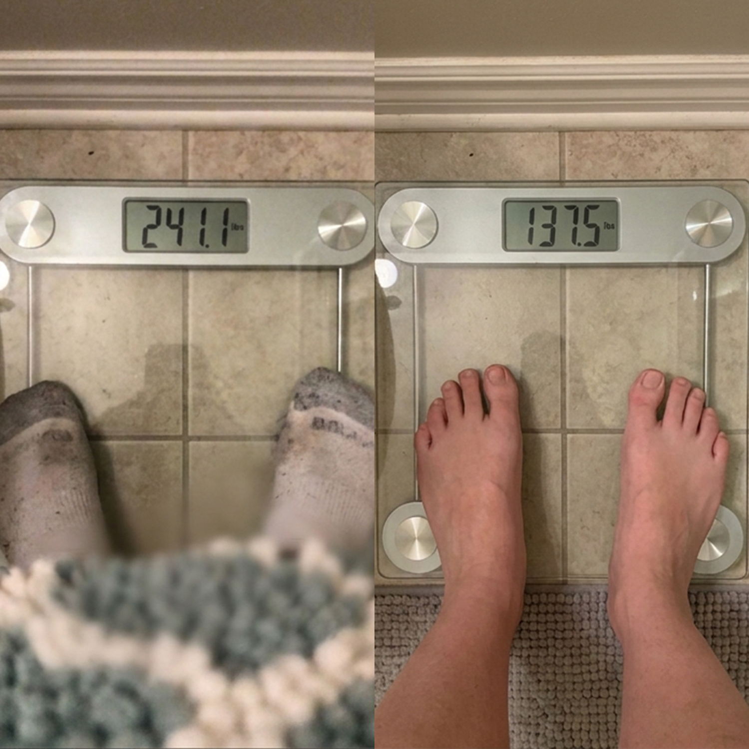 Side-by-side bathroom scale photos showing 241.1 lbs before and 137.5 lbs after