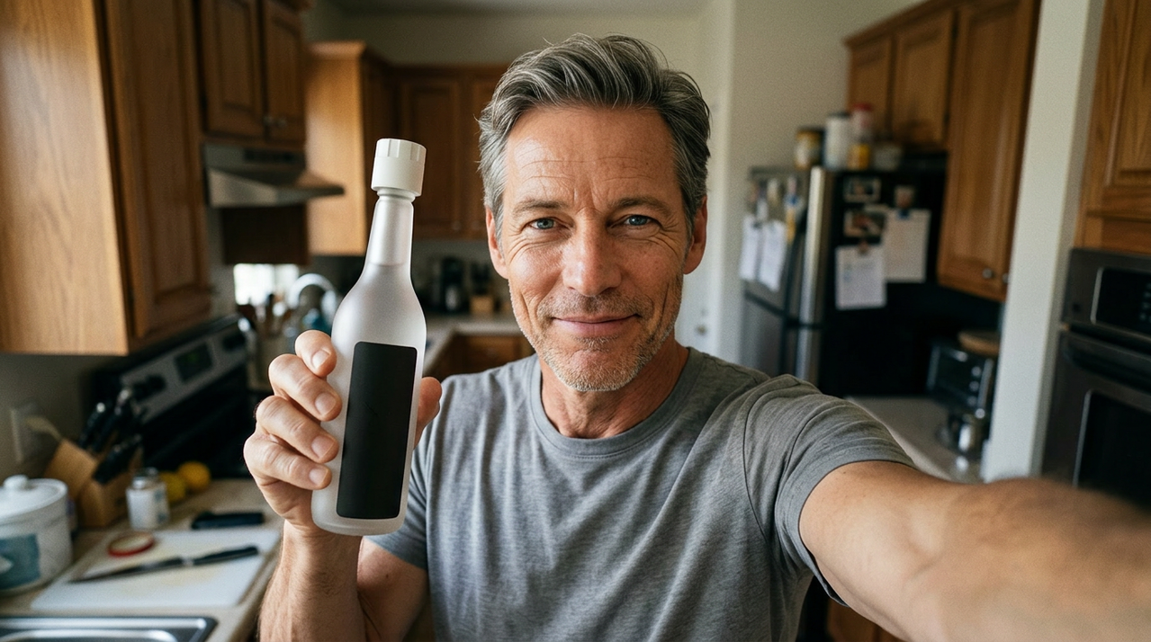 A middle-aged man holding a bottle and taking a selfie in a kitchen