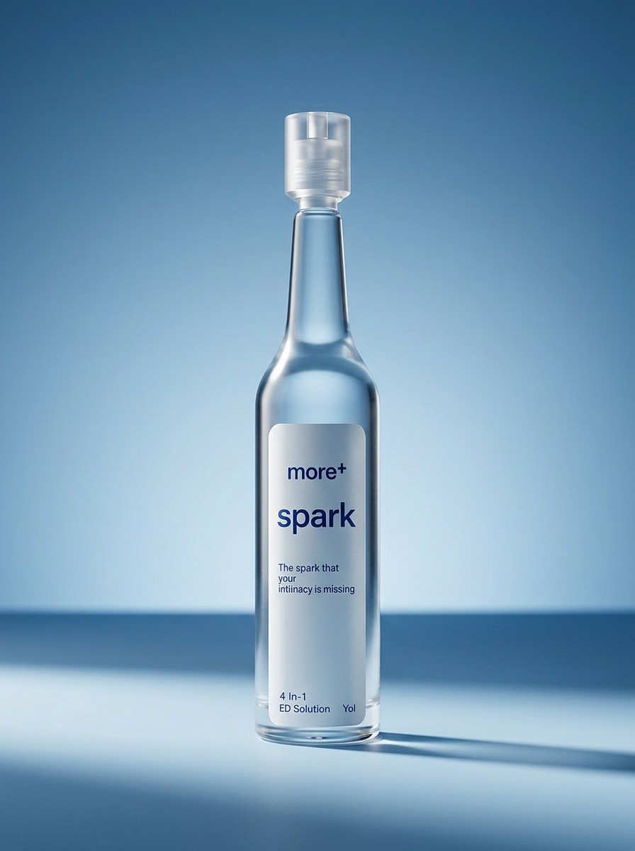 Clear bottle labeled More+ Spark 4-in-1 ED Solution on blue background