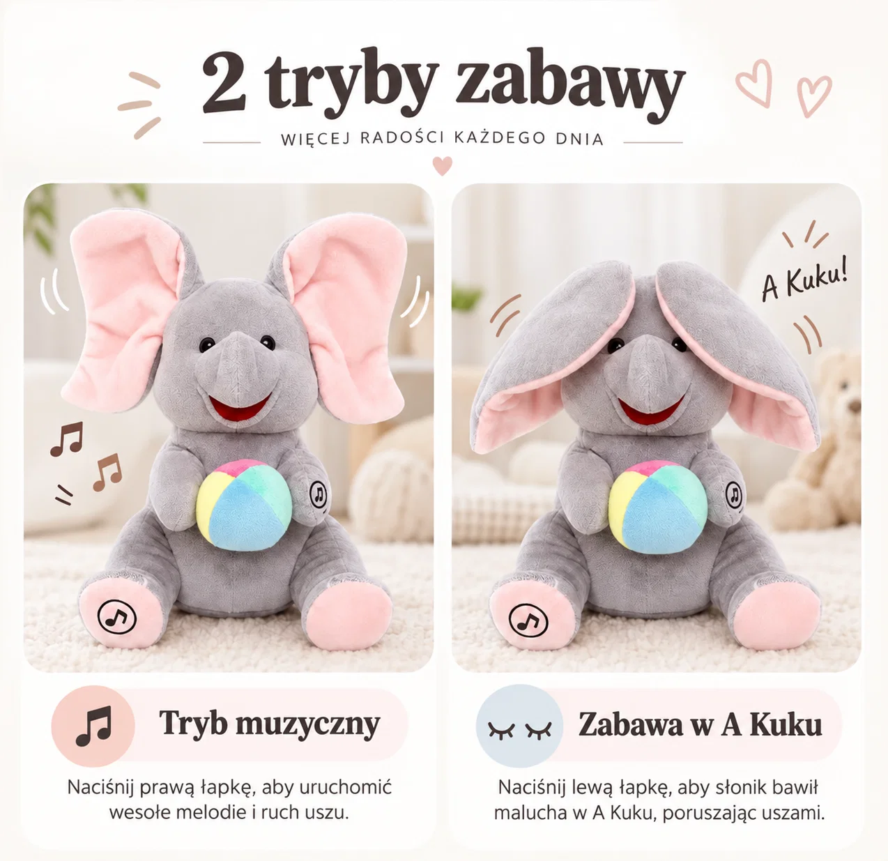 2 tryby zabawy: tryb muzyczny i zabawa w A Kuku – Słonik Kukuś