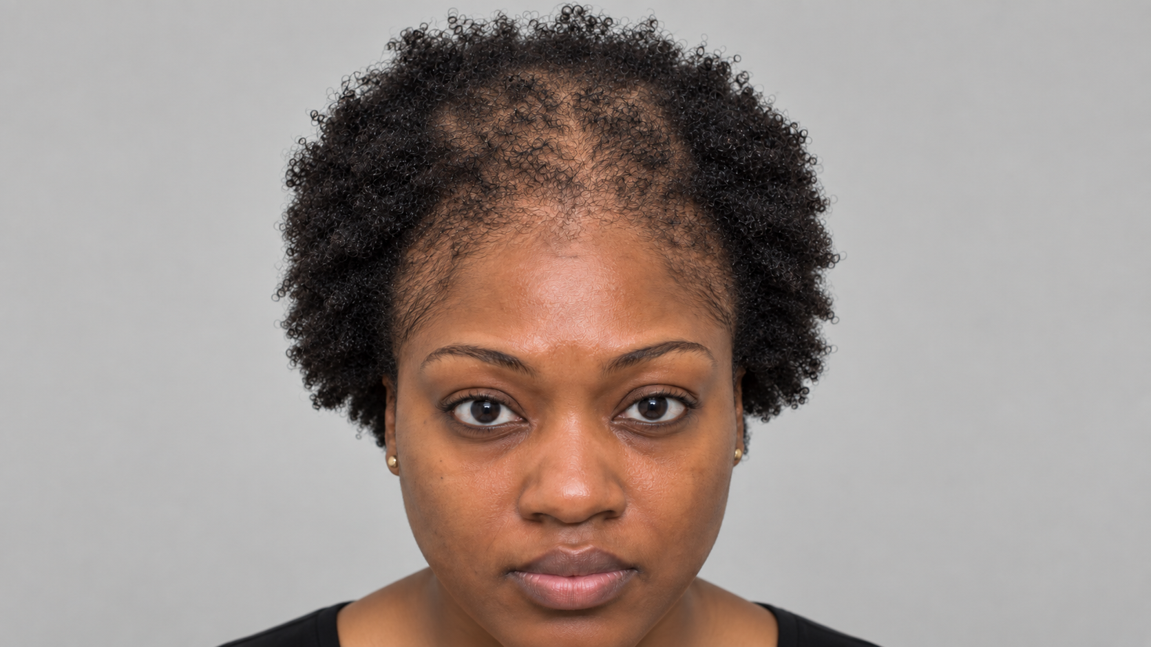 Front-on portrait of a woman with natural afro 4C hair showing diffuse thinning across the top of the head