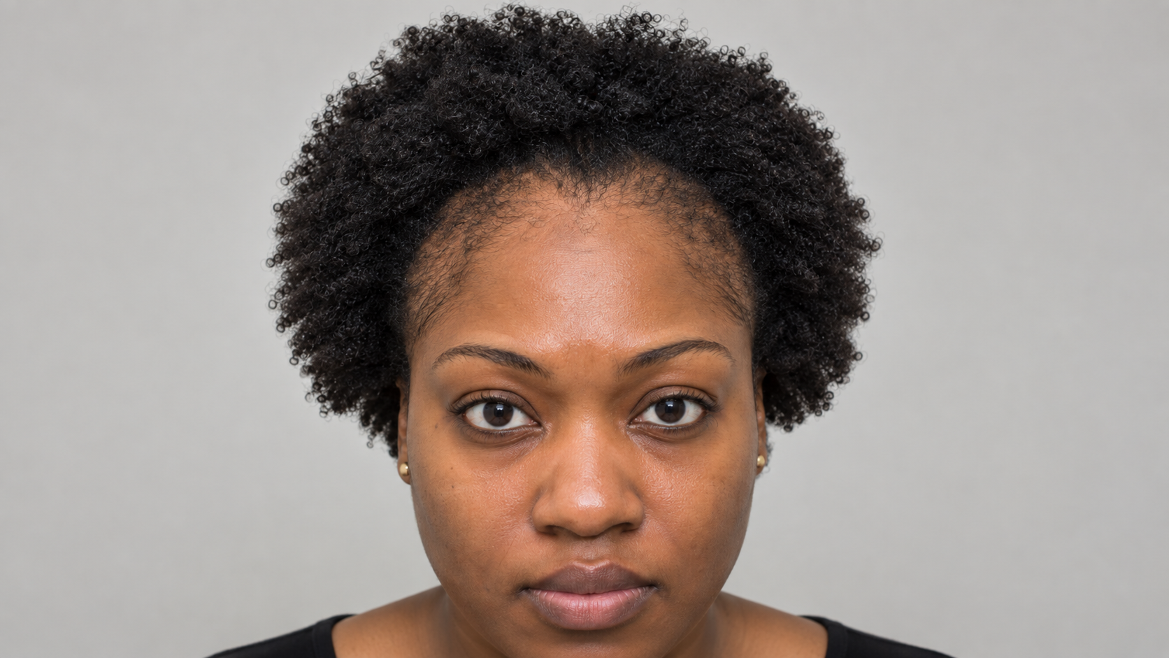 Front-on portrait of a woman with natural afro 4C hair showing a receded front hairline and thinning temples