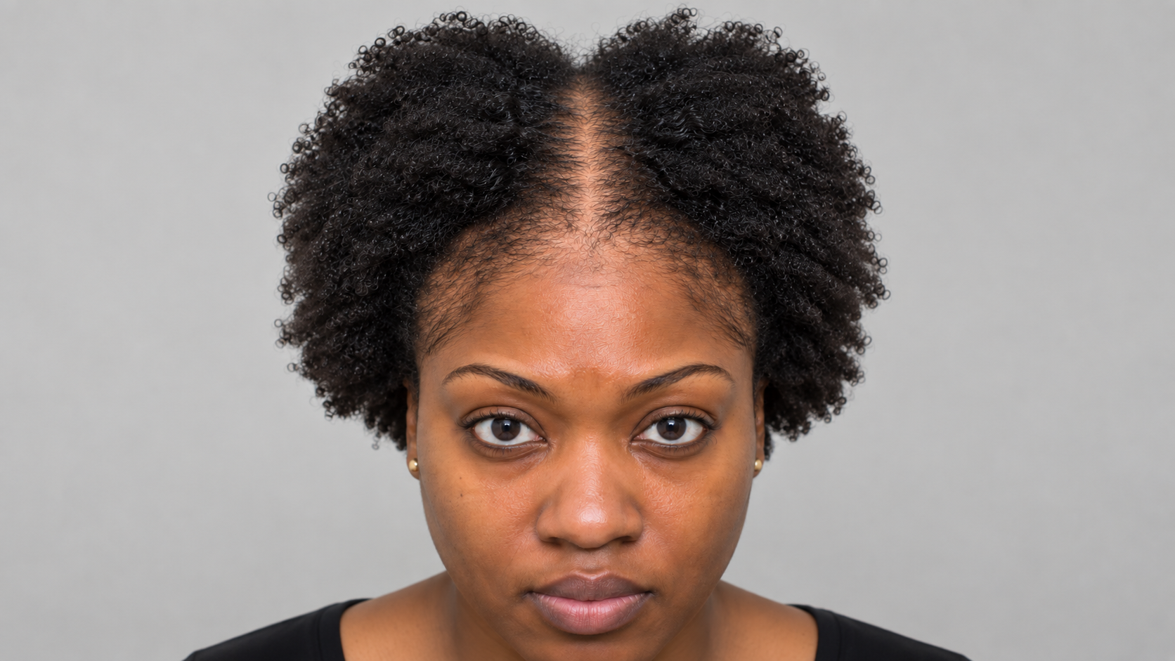 Top-of-head portrait of a woman with natural afro 4C hair showing a wide parting with the scalp visible