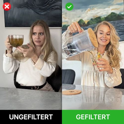 Zwei Frauen: links ungefiltertes Wasser, rechts gefiltert Wasser
