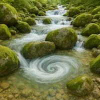 Moosbewachsene Felsen in einem Bach mit wirbelnden Wasserformationen.