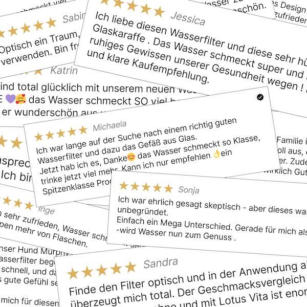Verschiedene Kundenrezensionen, die einen Wasserfilter loben, jeweils mit Sternchenbewertung.