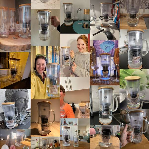 Collage aus Enya Wasserfiltern in unterschiedlichen Situationen, die teilweise von Personen gehalten werden.