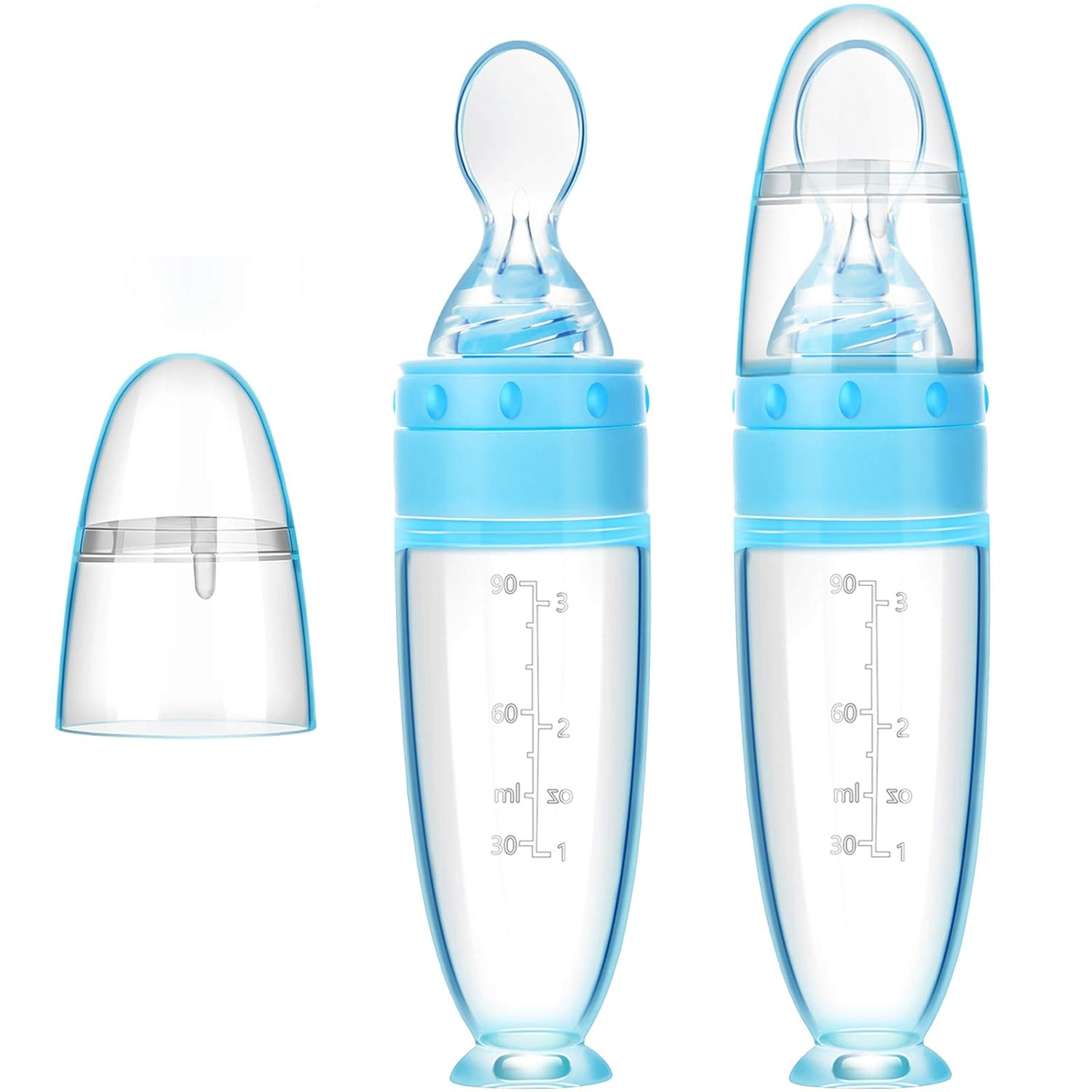 Silicone squeeze feeding spoon 2-pack with protective cap and measurement markings