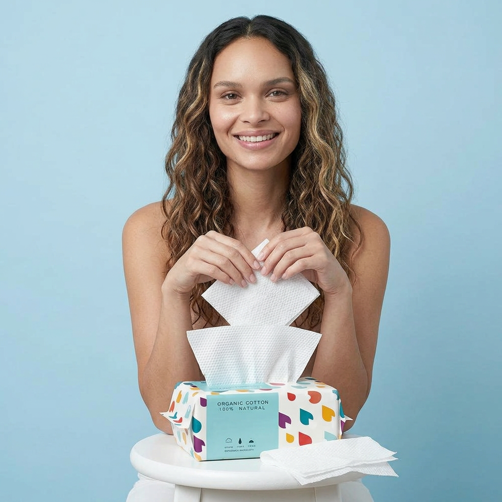Smiling woman holding and pulling out a wipe from a colorful pack of organic cotton wipes