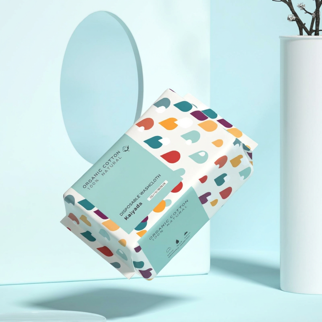 Pack of organic cotton disposable washcloths with colorful heart patterns floating