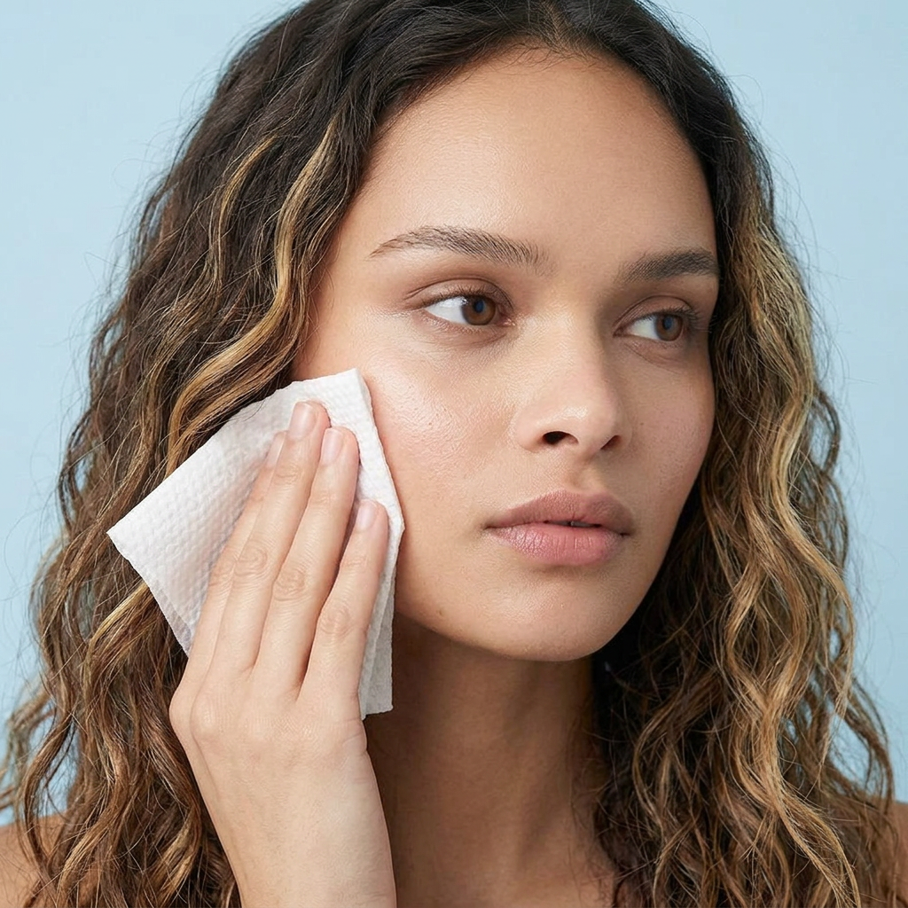 A woman with curly hair gently wiping her face with a white facial wipe