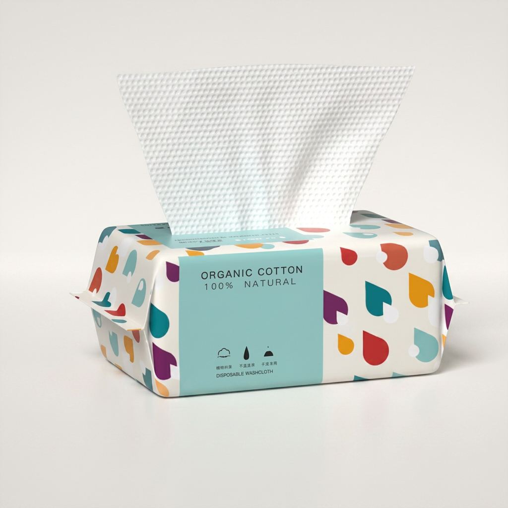 Colorful pack of disposable organic cotton washcloths with one cloth partially pulled out