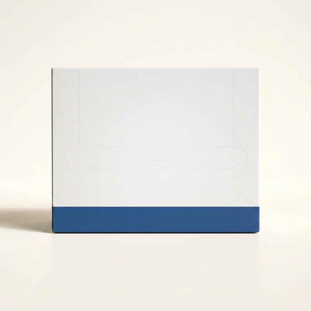 A white box with a blue strip at the bottom on a white background
