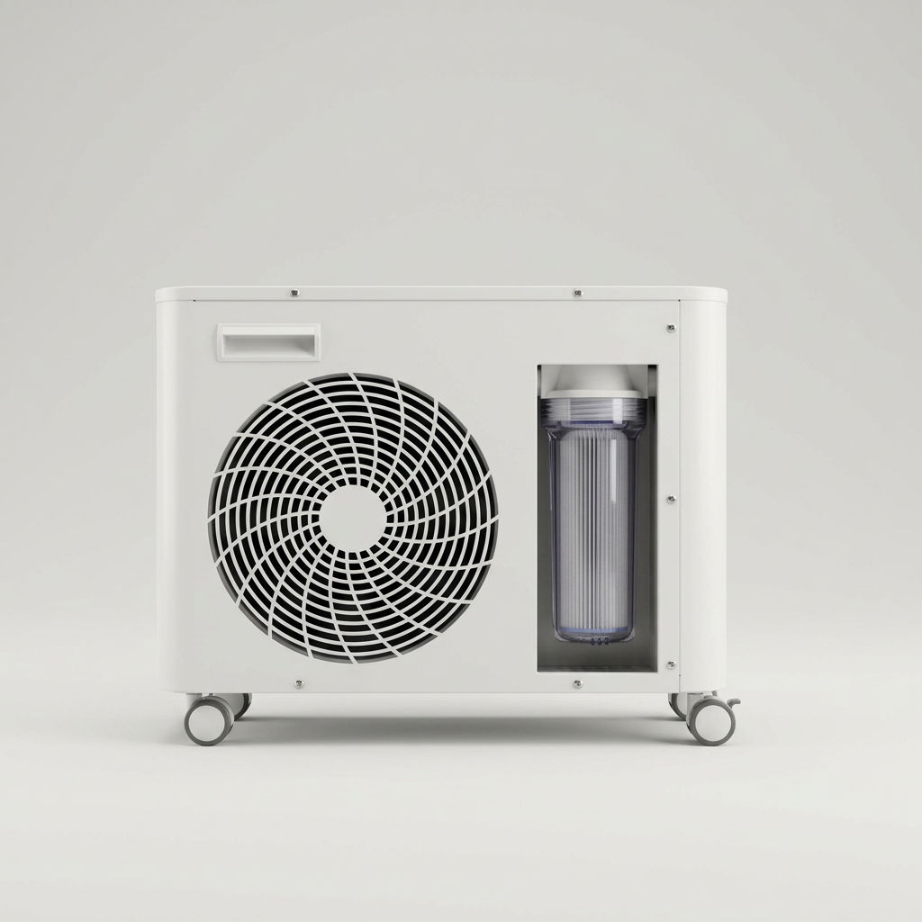 White portable air purifier with a large circular vent and transparent filter housing on wheels