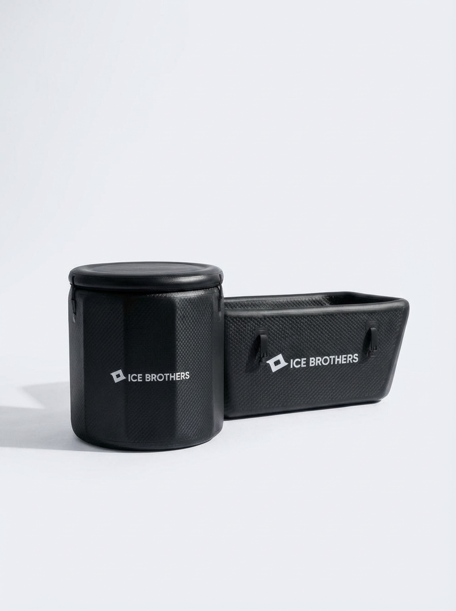 Two black ICE BROTHERS branded containers, one round with lid and one rectangular open-top