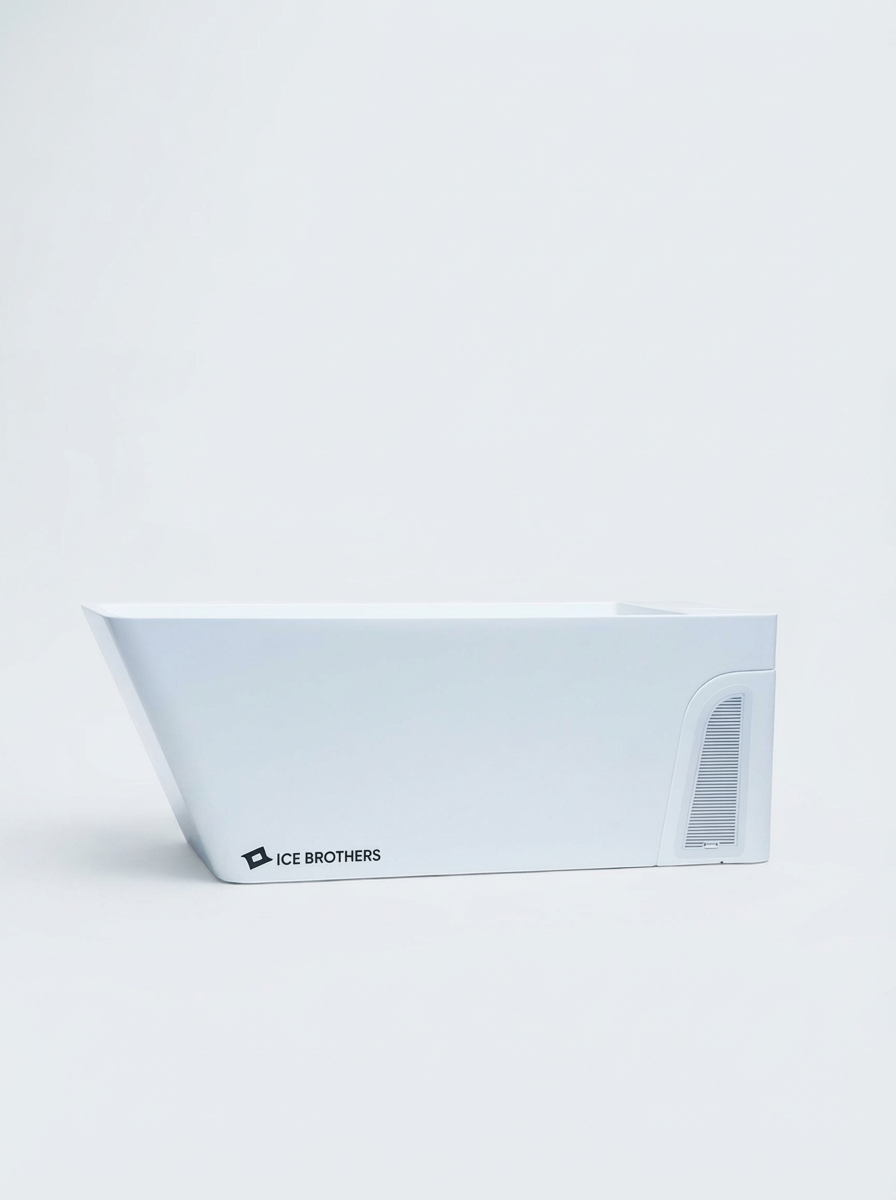 White rectangular ice maker with 'Ice Brothers' logo on side against white background