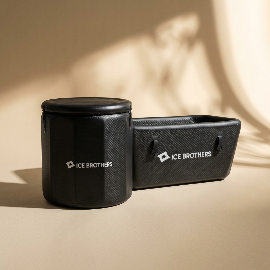 Two black Ice Brothers coolers, one round with lid and one rectangular without lid, on beige surface