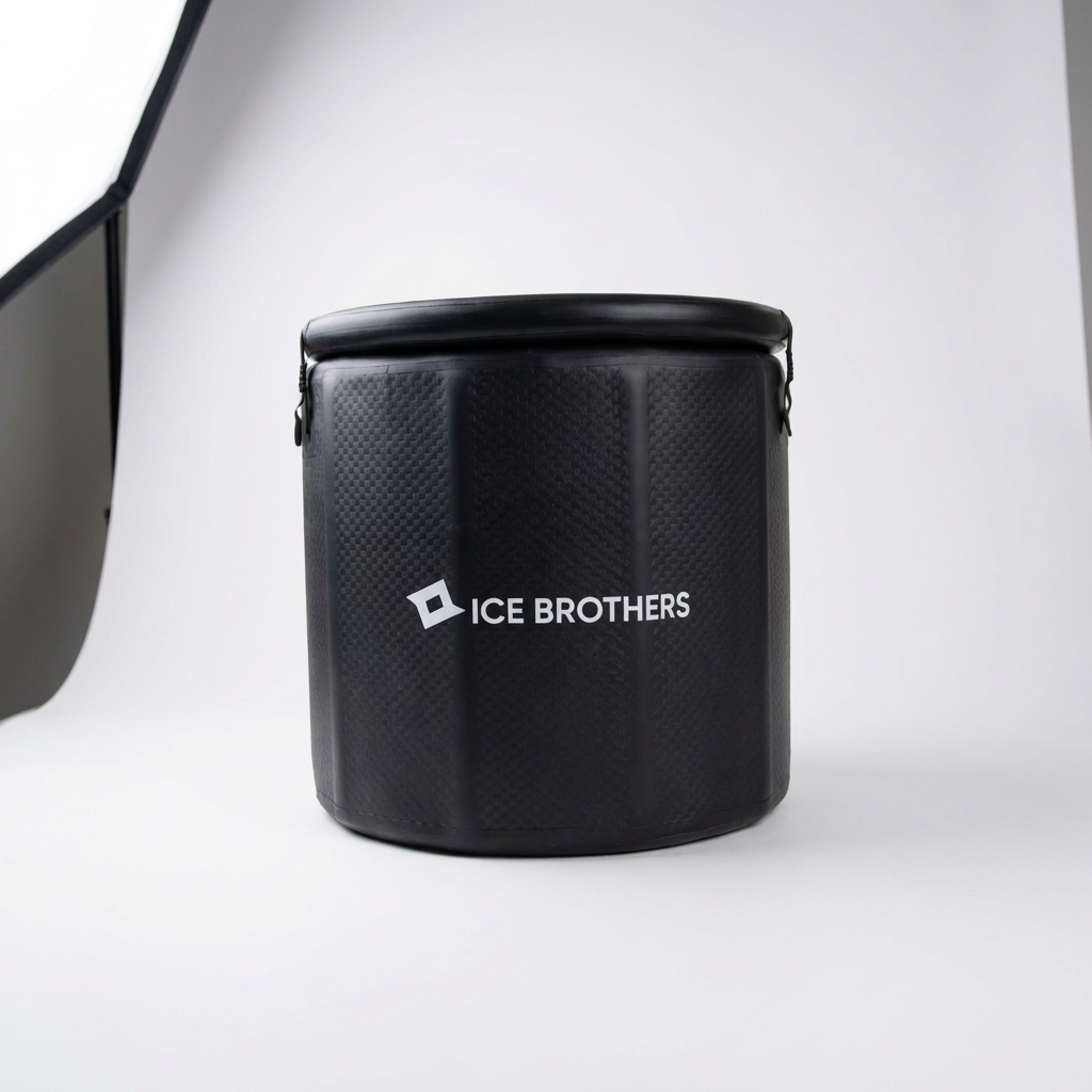 Black cylindrical cooler bag with a textured surface and 'Ice Brothers' logo