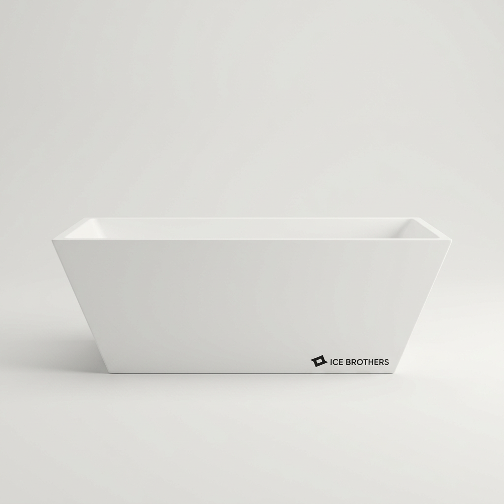 White rectangular bathtub with slanted sides on a plain white background