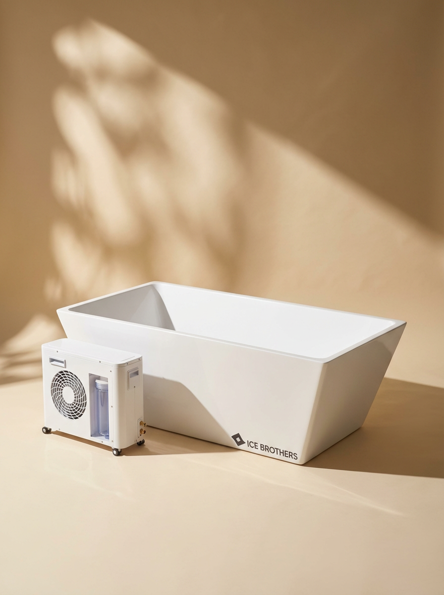 White rectangular ice bath tub with cooling unit beside it on a beige background