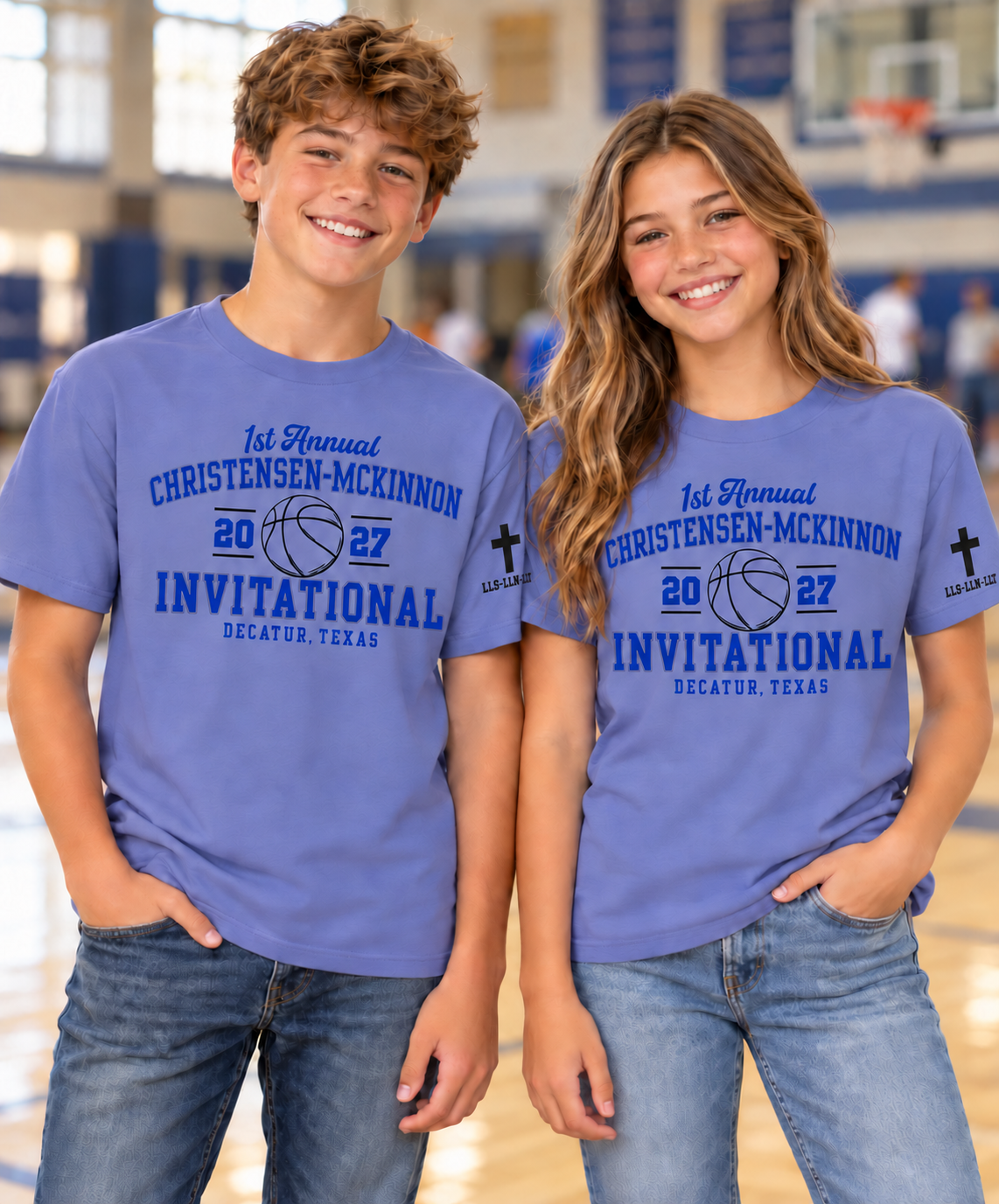 Two teens wearing the periwinkle 1st Annual Christensen-McKinnon Invitational 2027 shirt in a school gym