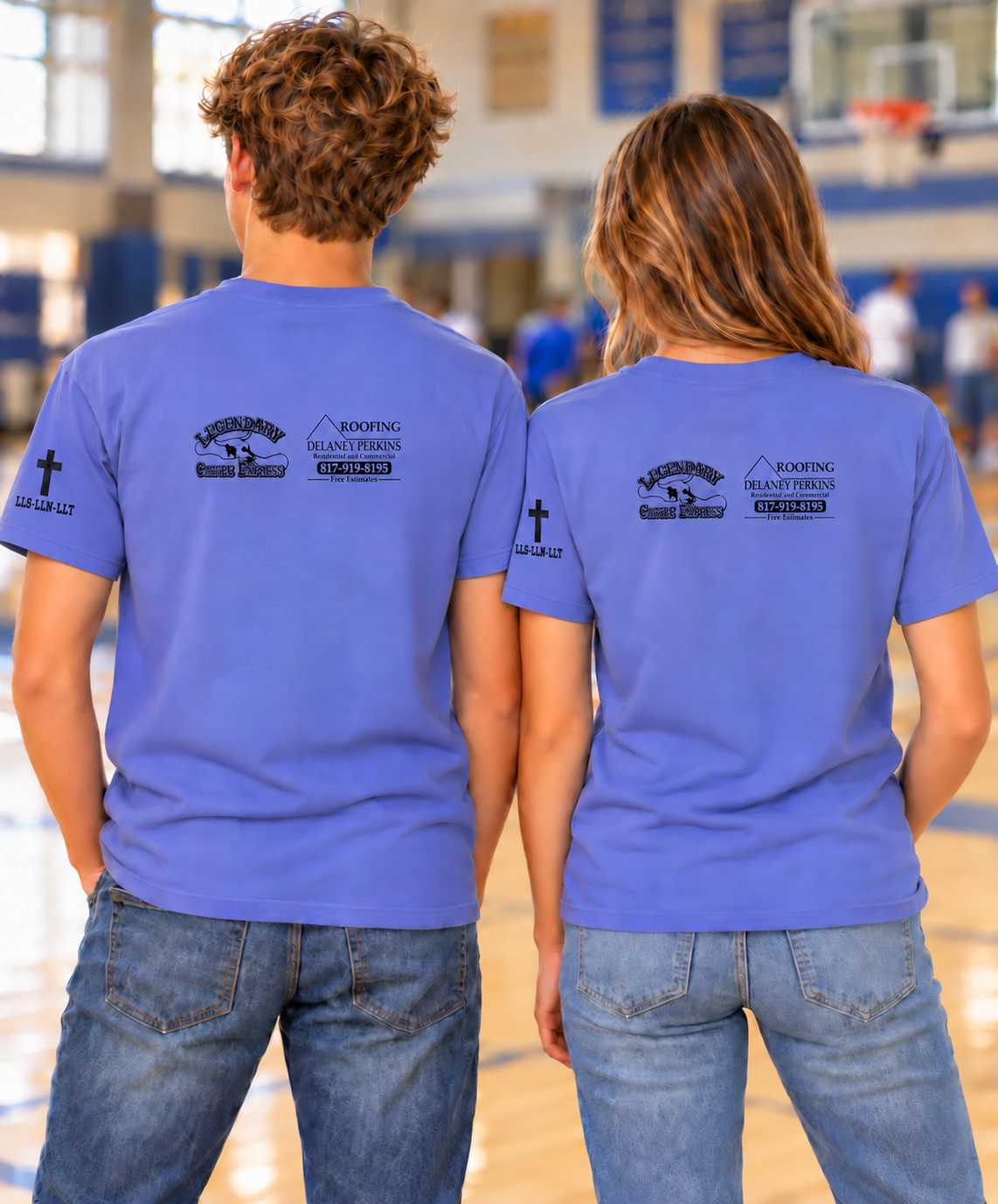 Back view of two people wearing the purple event shirt with sponsor logos and sleeve cross print