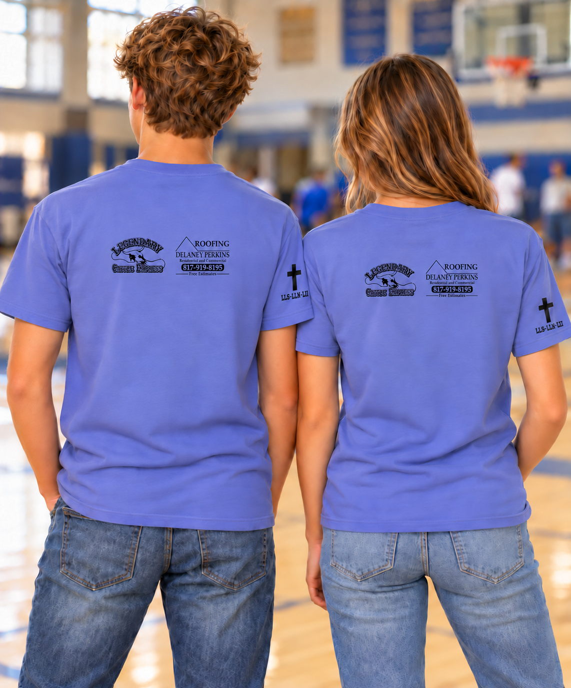 Back of the periwinkle invitational shirt showing the Legendary Cattle Express and Delaney Perkins Roofing sponsor prints and the sleeve cross