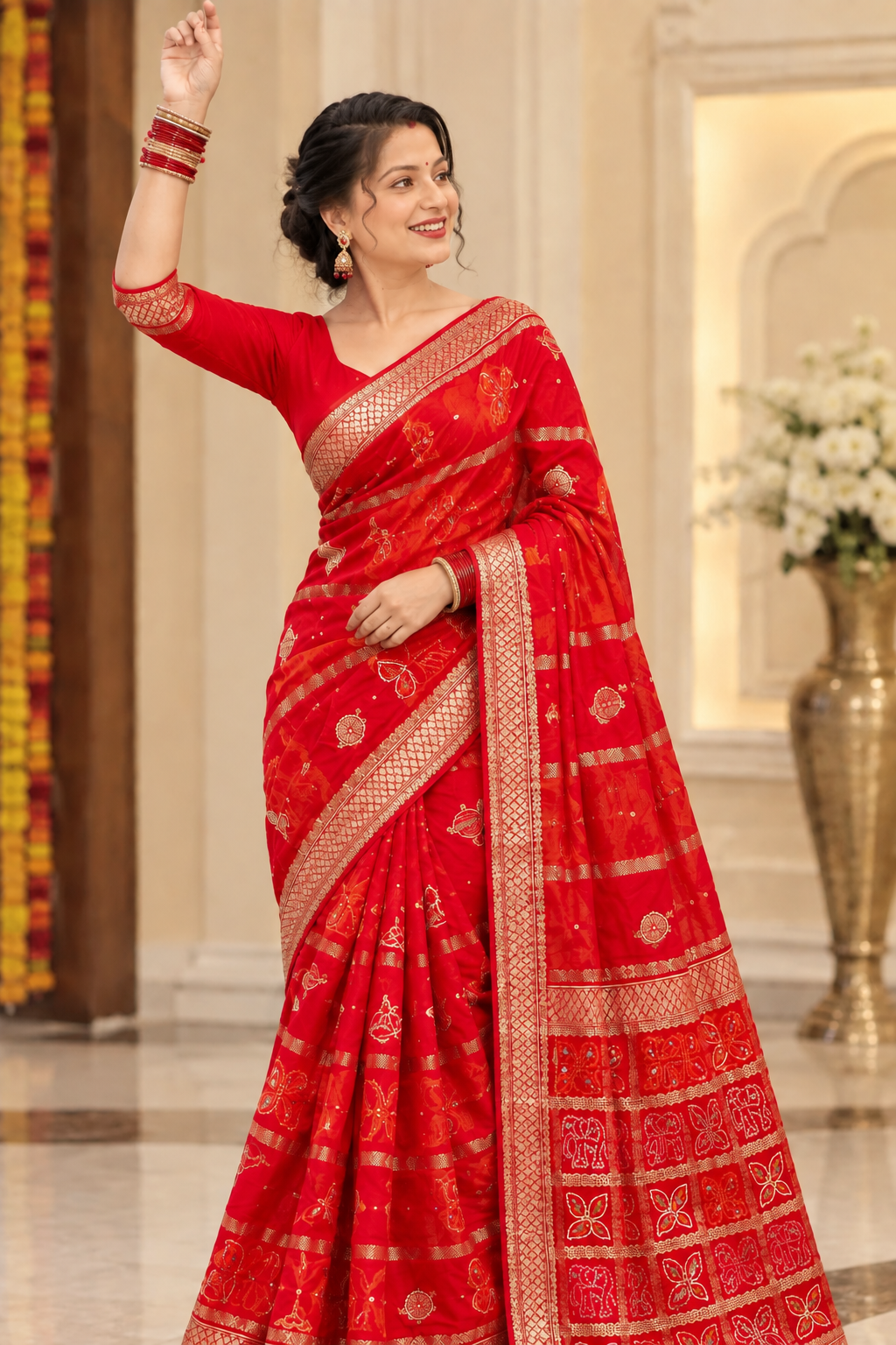 Smiling woman in a red saree with gold zari border and red bangles, standing on marigold petals
