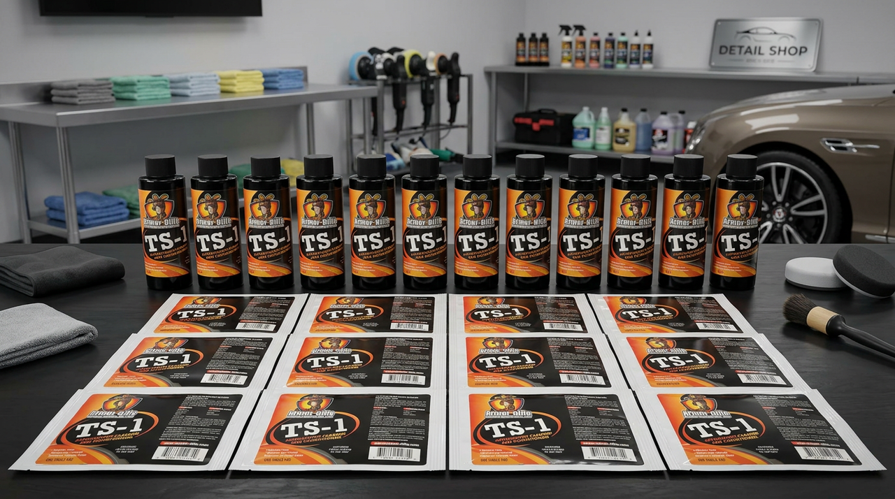 Bottles and packets of TS-1 car care products on a table in a detailing shop