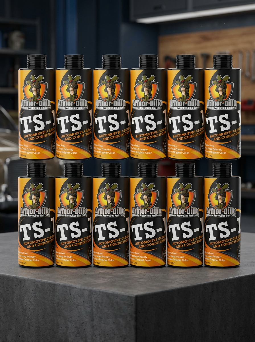 Twelve yellow and black bottles of Armor All TS-1 automotive conditioner arranged in two rows on a counter