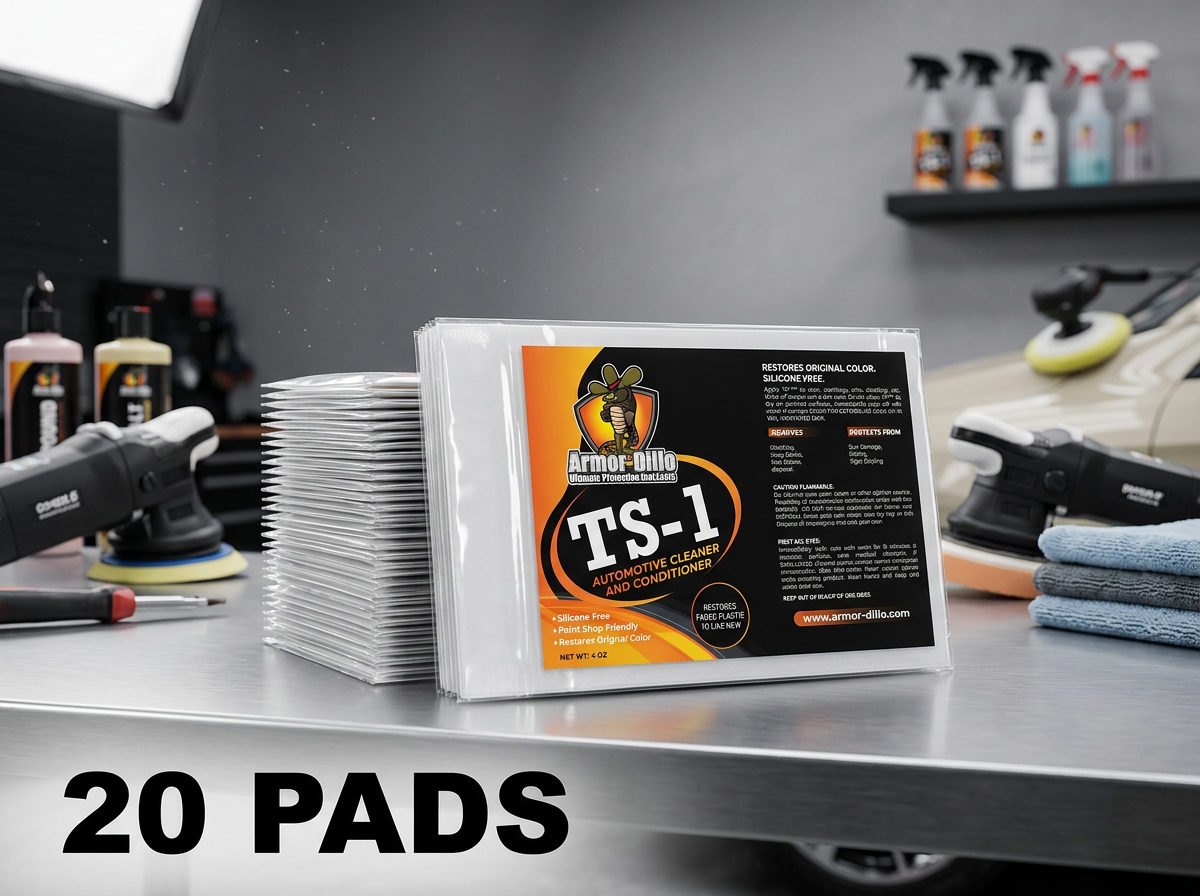 Stack of Armor All TS-1 automotive cleaner and conditioner pads on a metal table