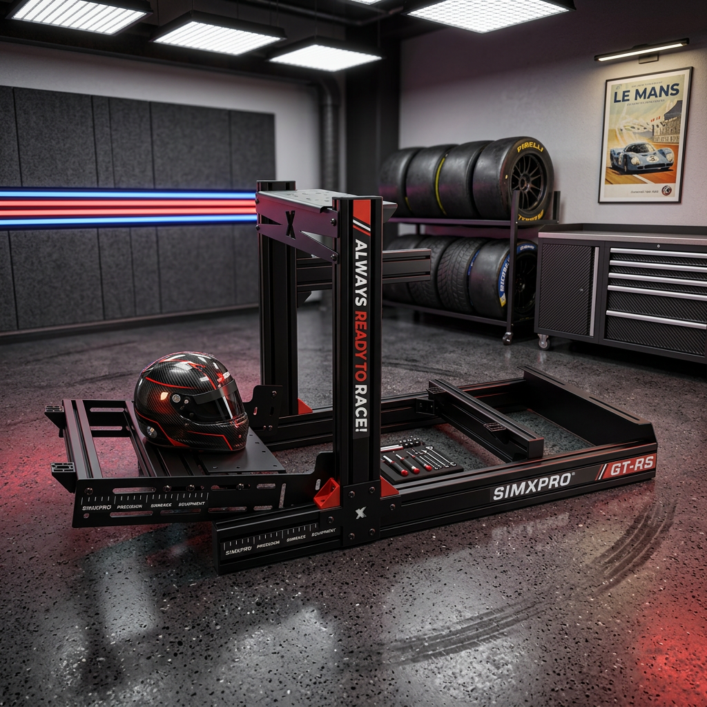 Black SIMXPRO GT-RS racing simulator frame with a helmet inside, tires and Le Mans poster in garage