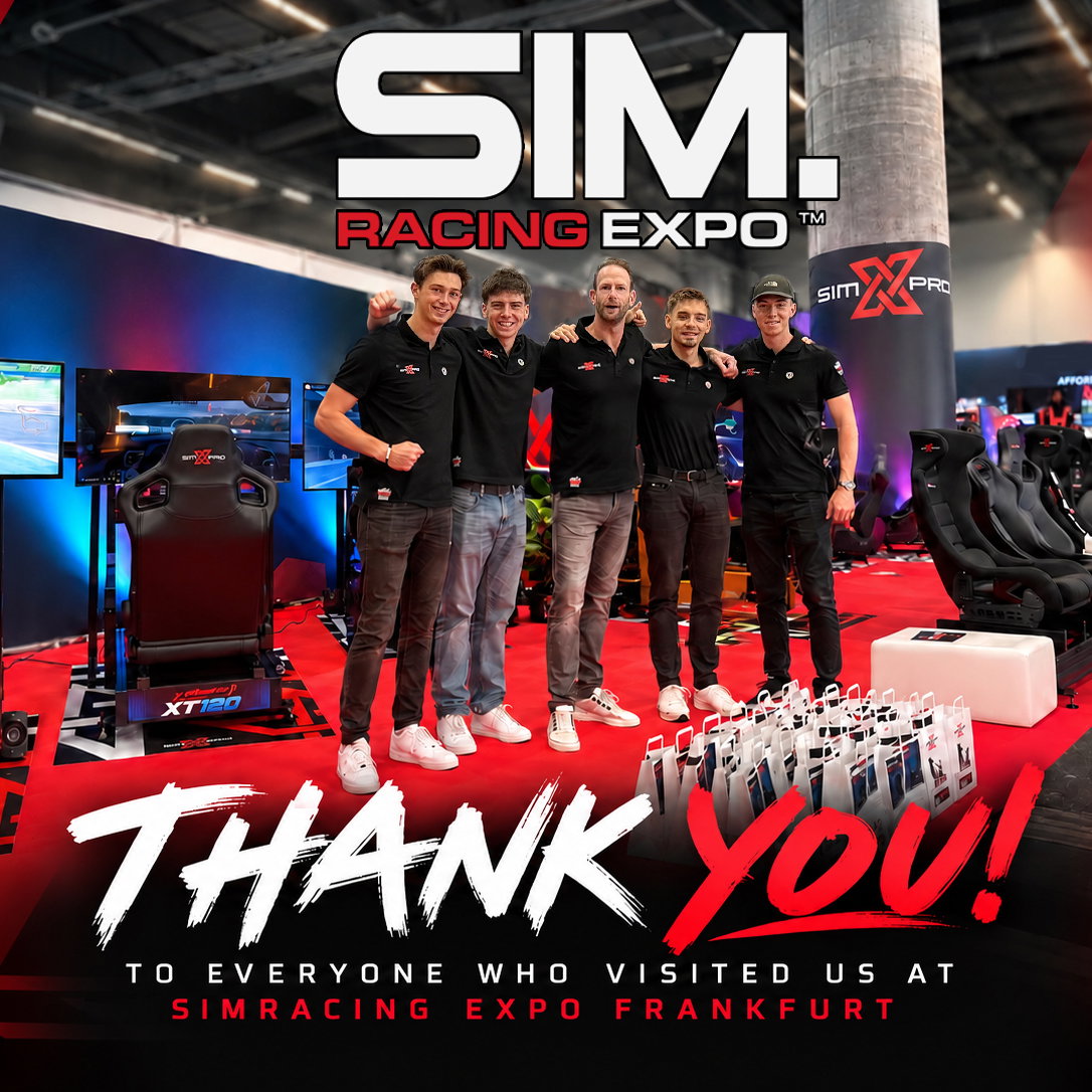 The SimXPro team on the red booth floor at SimRacing Expo Frankfurt, with a thank you message to every visitor