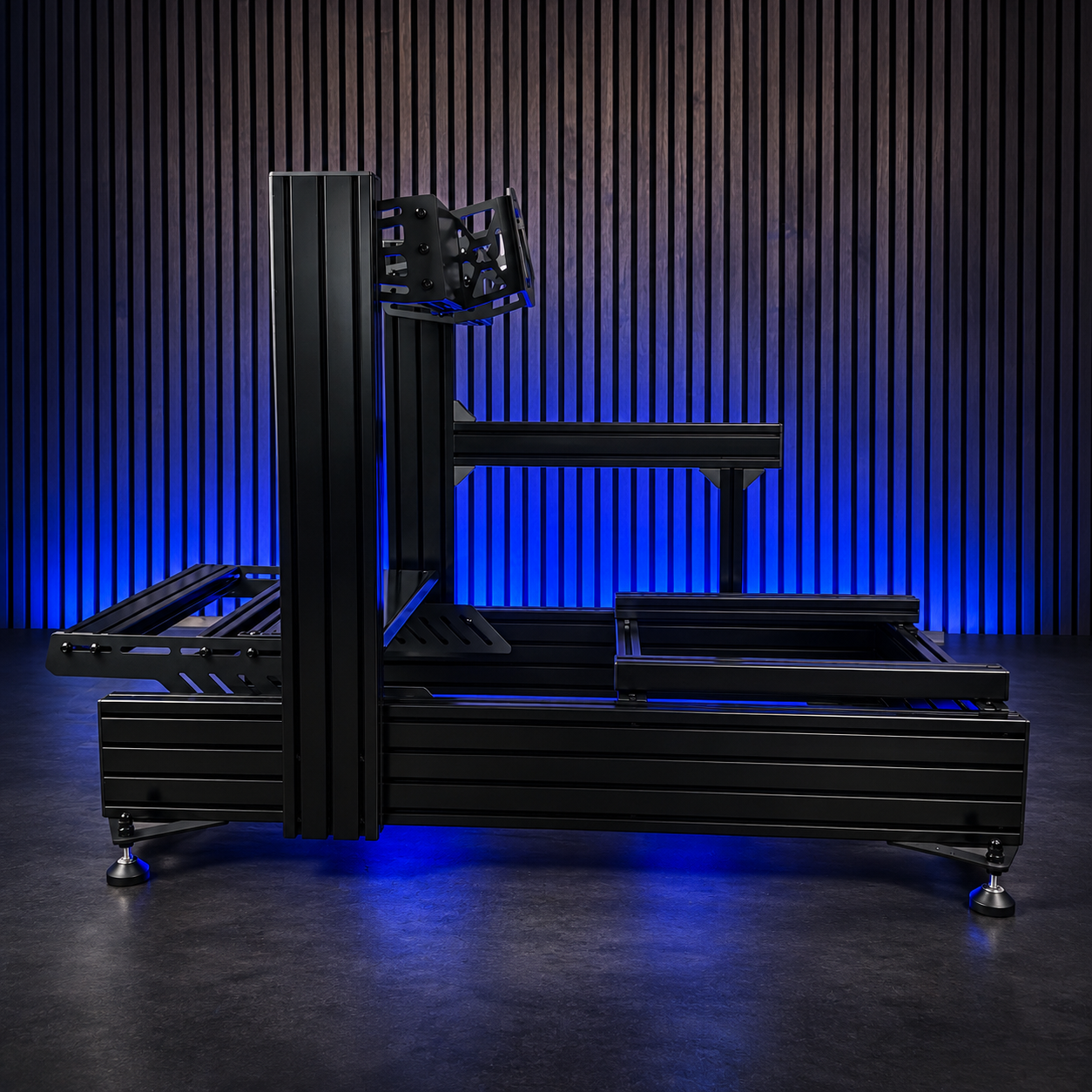 SimXPro aluminium profile cockpit frame in a blue-lit studio