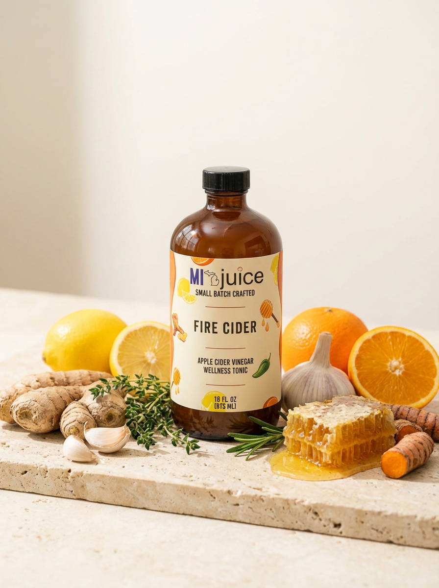 Bottle of fire cider apple vinegar tonic surrounded by lemon, orange, ginger, garlic, herbs, honeycomb
