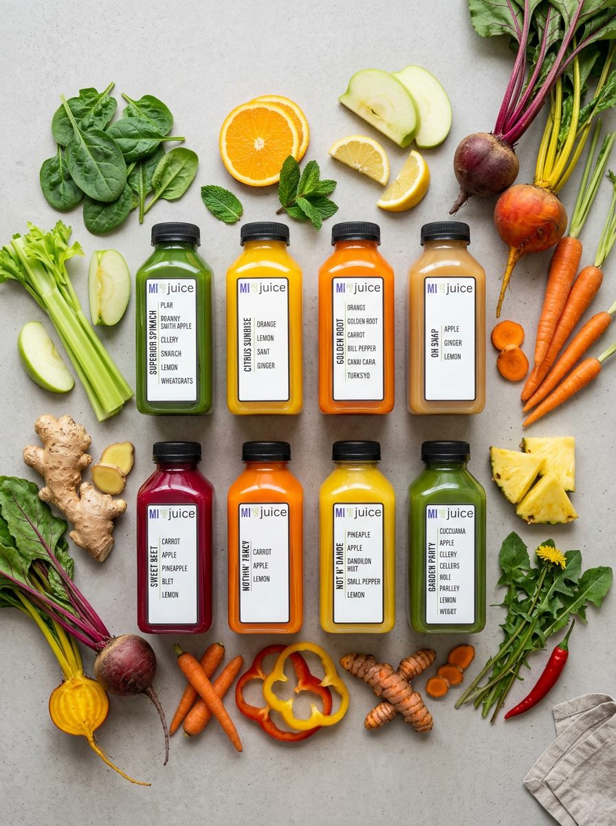 Eight bottles of colorful juices surrounded by fresh fruits and vegetables arranged on a light surface