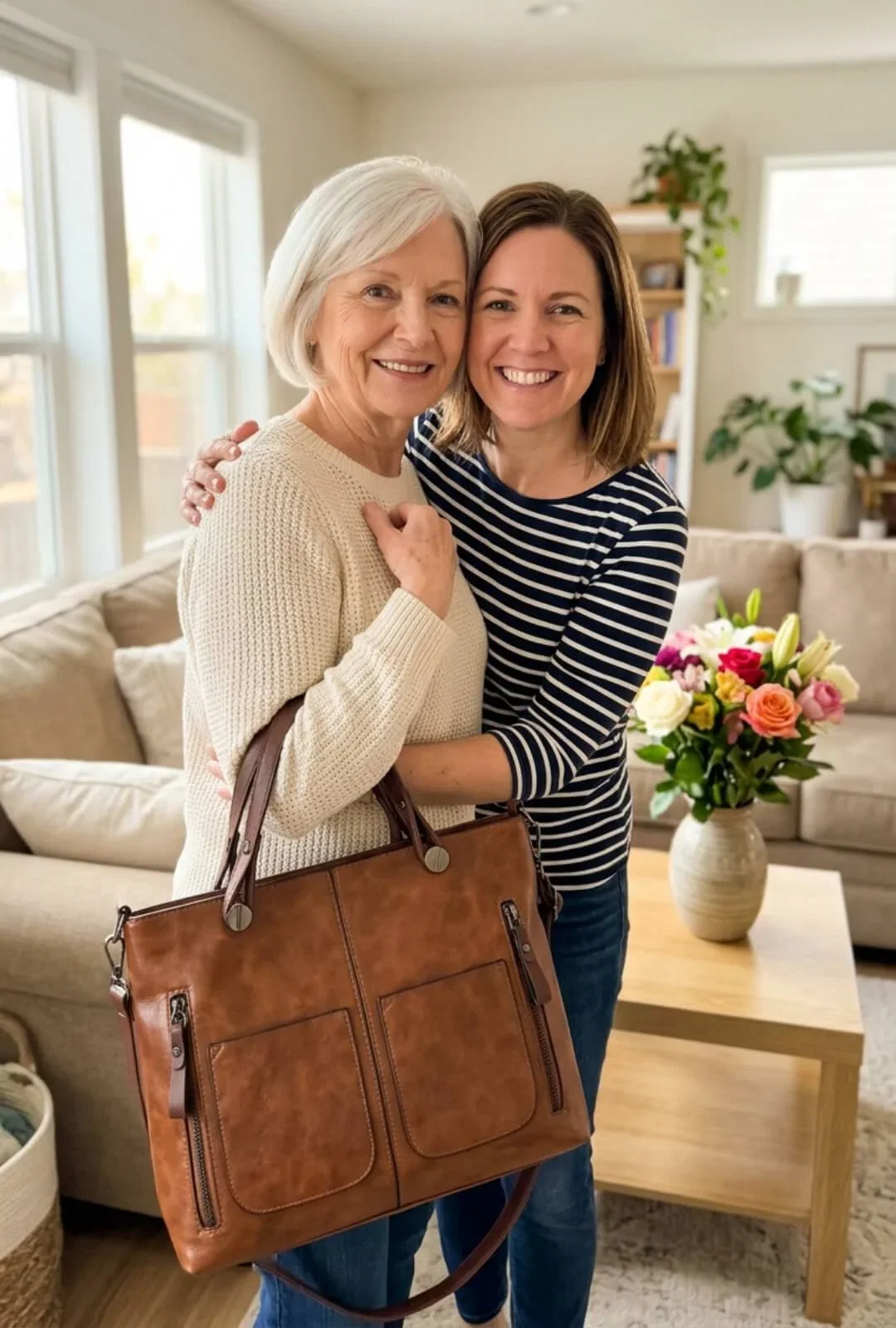 Customer photo: Two women sharing a hug in a sunlit living room, the bag on one’s arm.