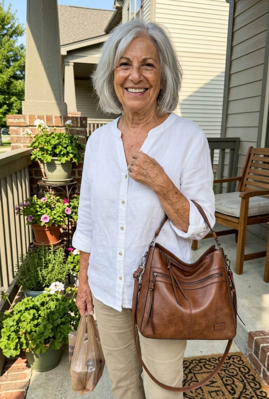 Customer photo: On a sunny porch in a linen shirt, groceries in one hand and the bag on her arm.