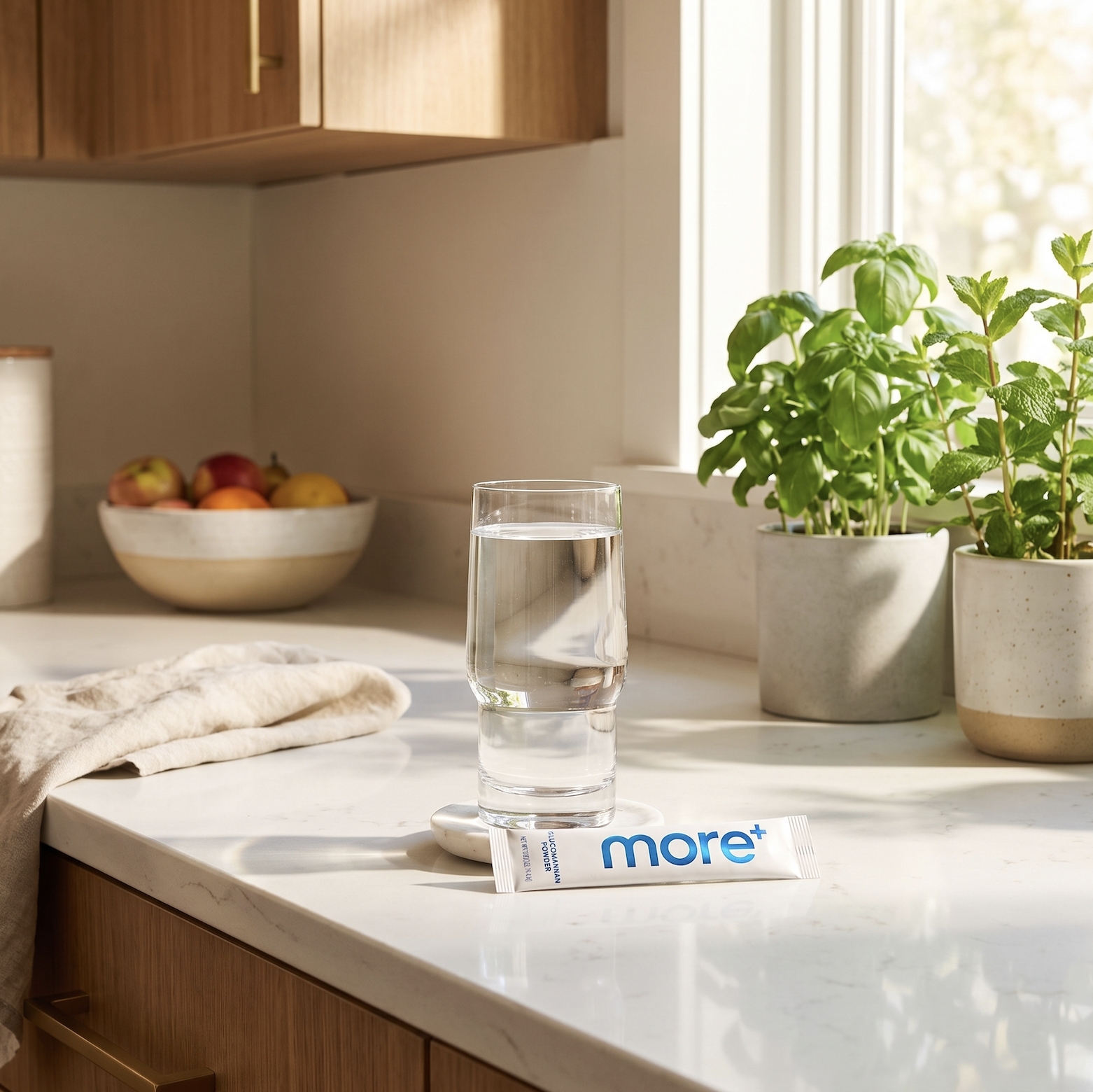 A MORE+ single-serve stick pack beside a glass of water on a sunlit kitchen counter with fresh herbs and fruit