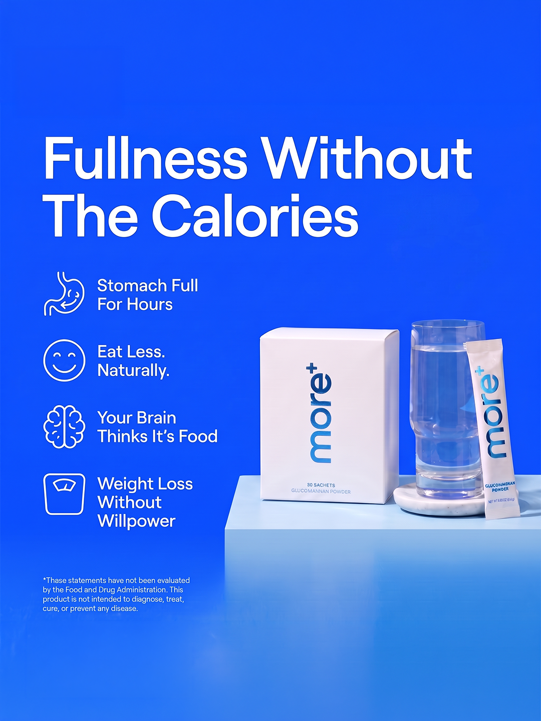 Fullness without the calories — MORE+ box and stick pack beside a glass of water