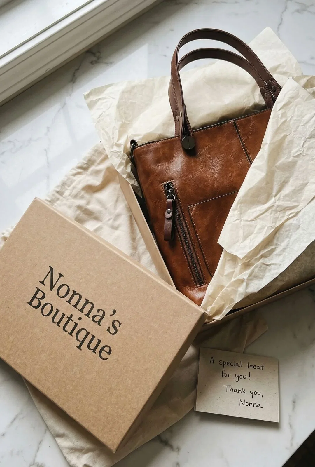Customer photo: The bag just unwrapped in its box and tissue paper, with a thank-you note beside it.