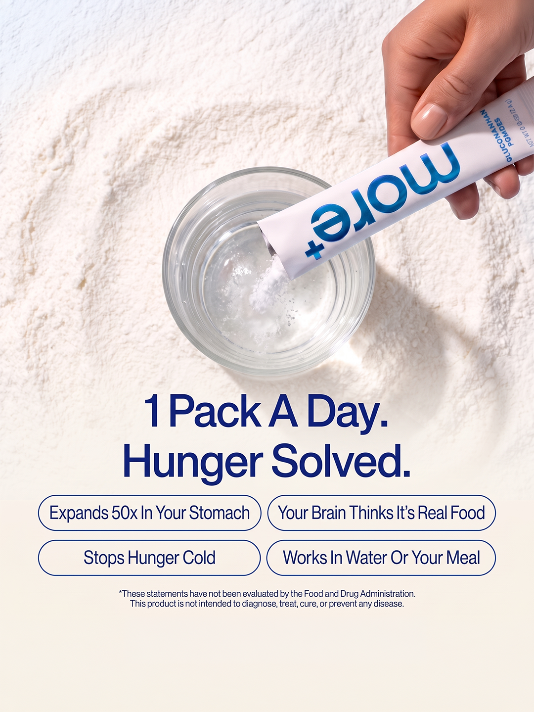 One pack a day — MORE+ glucomannan powder being stirred into a glass of water