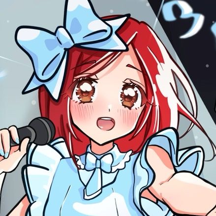 Wakubii, storyteller and voice of Anisence, illustrated with red hair and a light blue bow singing into a microphone
