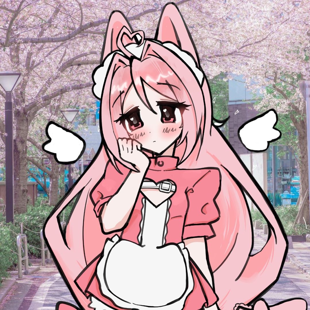 Rin, founder and perfumer of Anisence, illustrated with long pink hair and angel wings under cherry blossoms