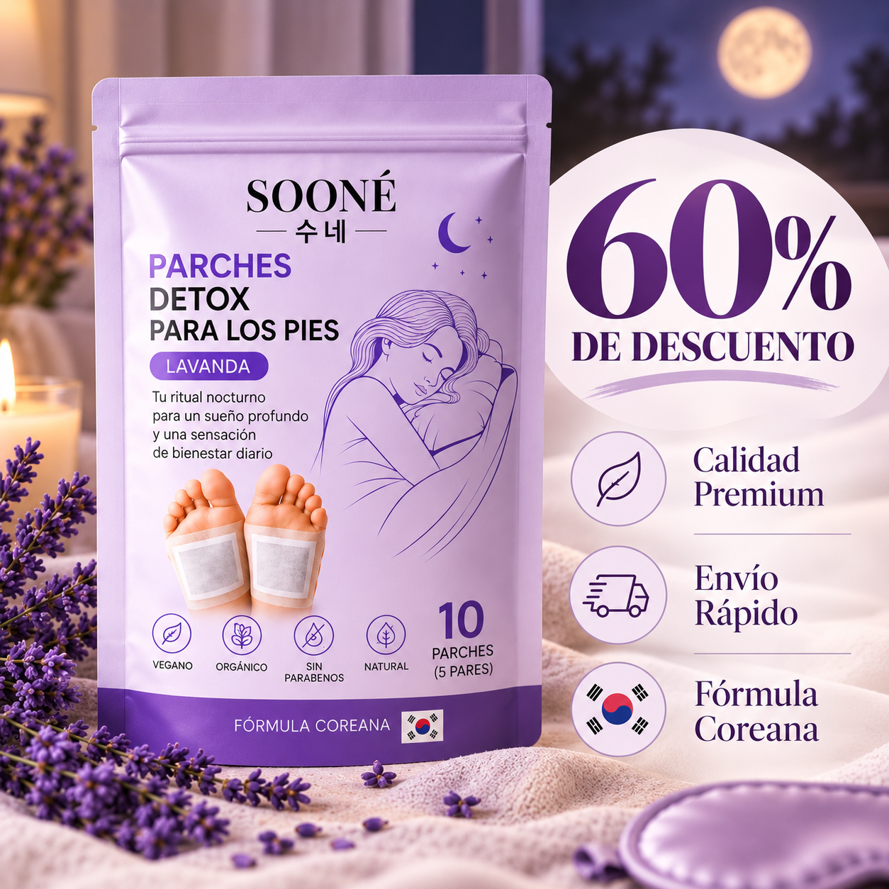 SOONÉ lavender detox foot patch pouch of 10 patches standing on soft bedding beside lavender sprigs and a lit candle, with a 60% discount badge and premium quality, fast shipping and Korean formula highlights.