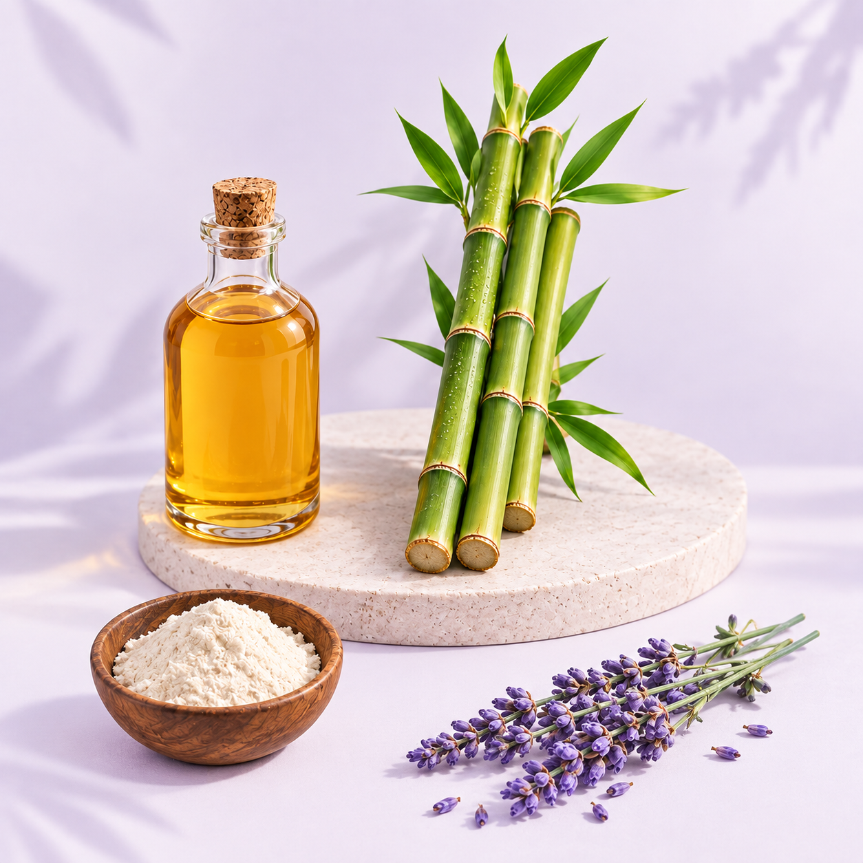 Botanical ingredients arranged on a stone plinth against a soft lavender background: a corked glass bottle of amber bamboo vinegar extract, fresh green bamboo stalks, a wooden bowl of white dextrin powder, and a bundle of dried lavender sprigs.