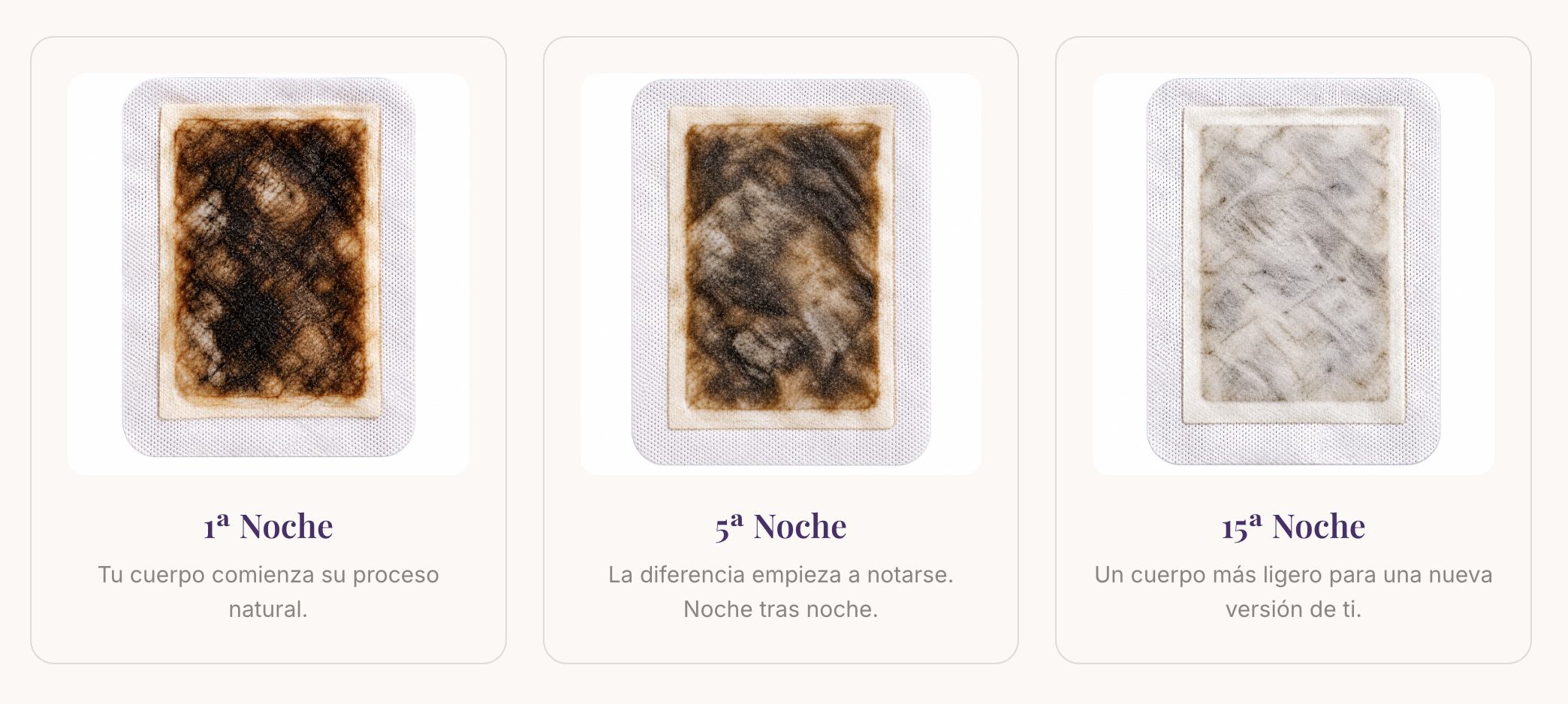 Three used foot patches in a row on ivory linen: one heavily stained dark brown, one moderately grey-brown, one almost clean