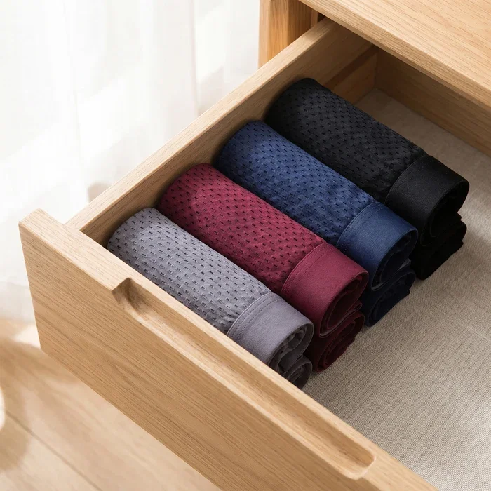 Grey, burgundy, navy and black bamboo boxers neatly rolled in a wooden drawer