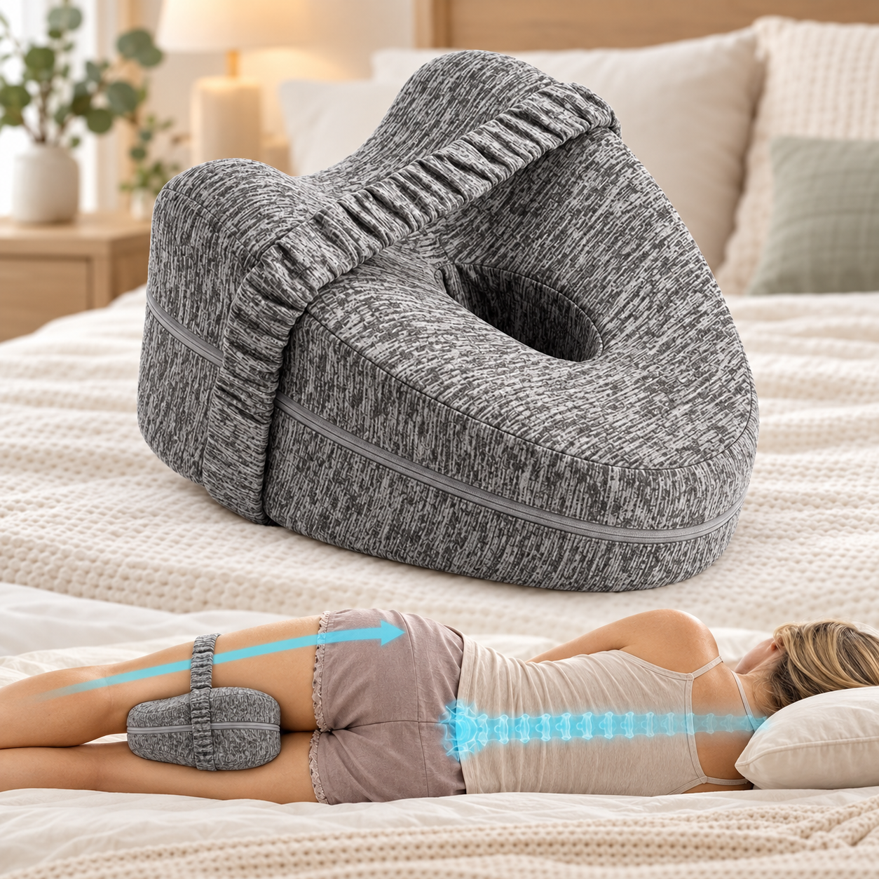Grey Knee Pillow on a bed, above a woman sleeping on her side with the pillow strapped between her knees and her spine shown in a straight line