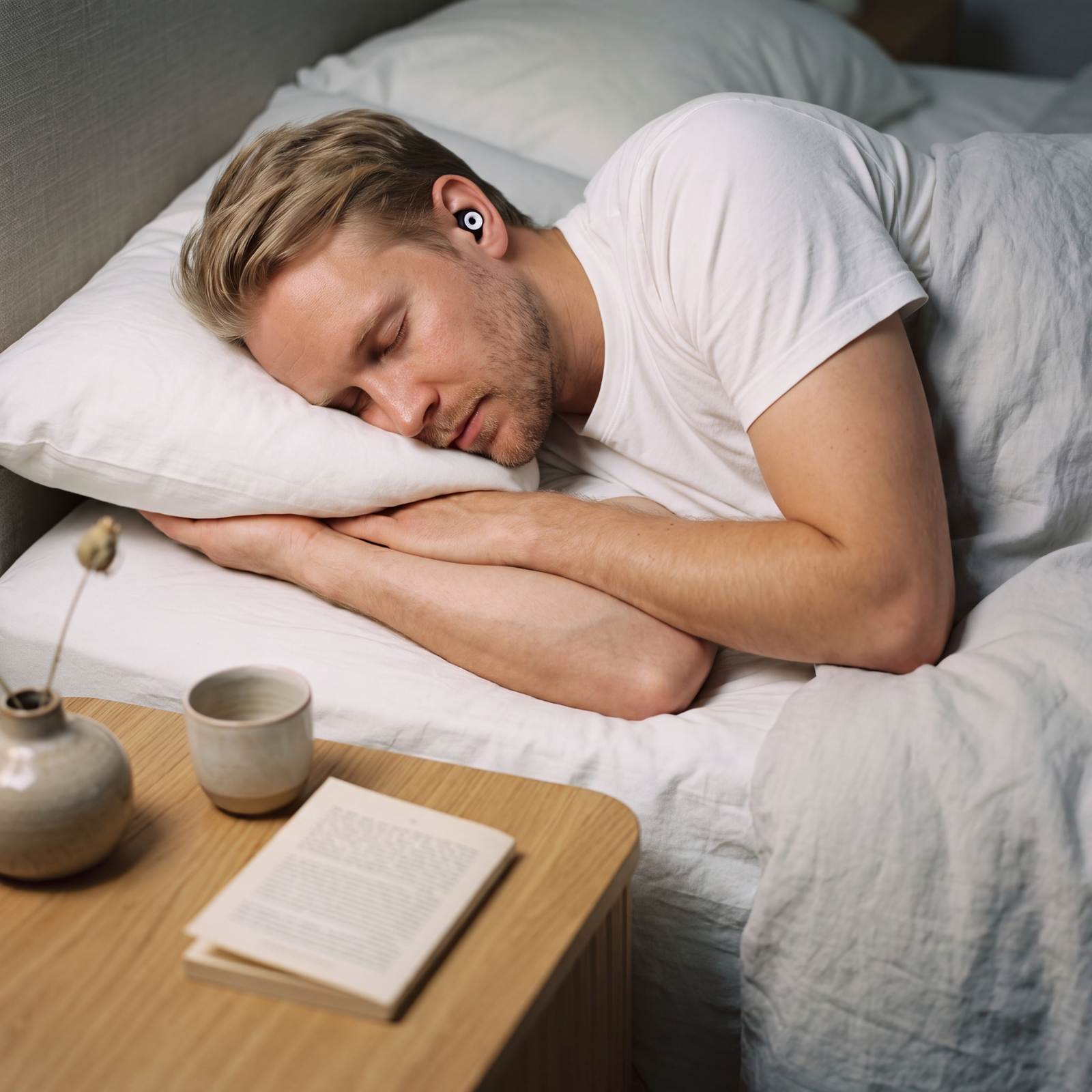 Man sleeping on his side with a Sleep Plug in his ear